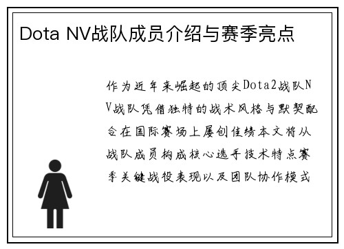 Dota NV战队成员介绍与赛季亮点